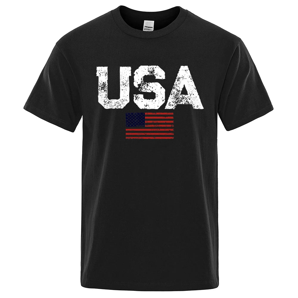 Men's Vintage USA Flag Street Print T-Shirt — Casual Cotton Tee