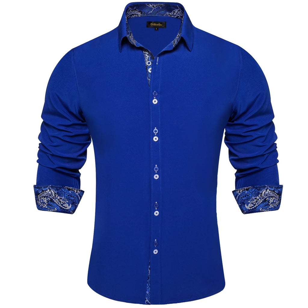 Men's Polyester Cotton Solid Black Shirts Long Sleeve Blue Paisley Patchwork Social Casual Dress Shirt Elegant Men Clothing
