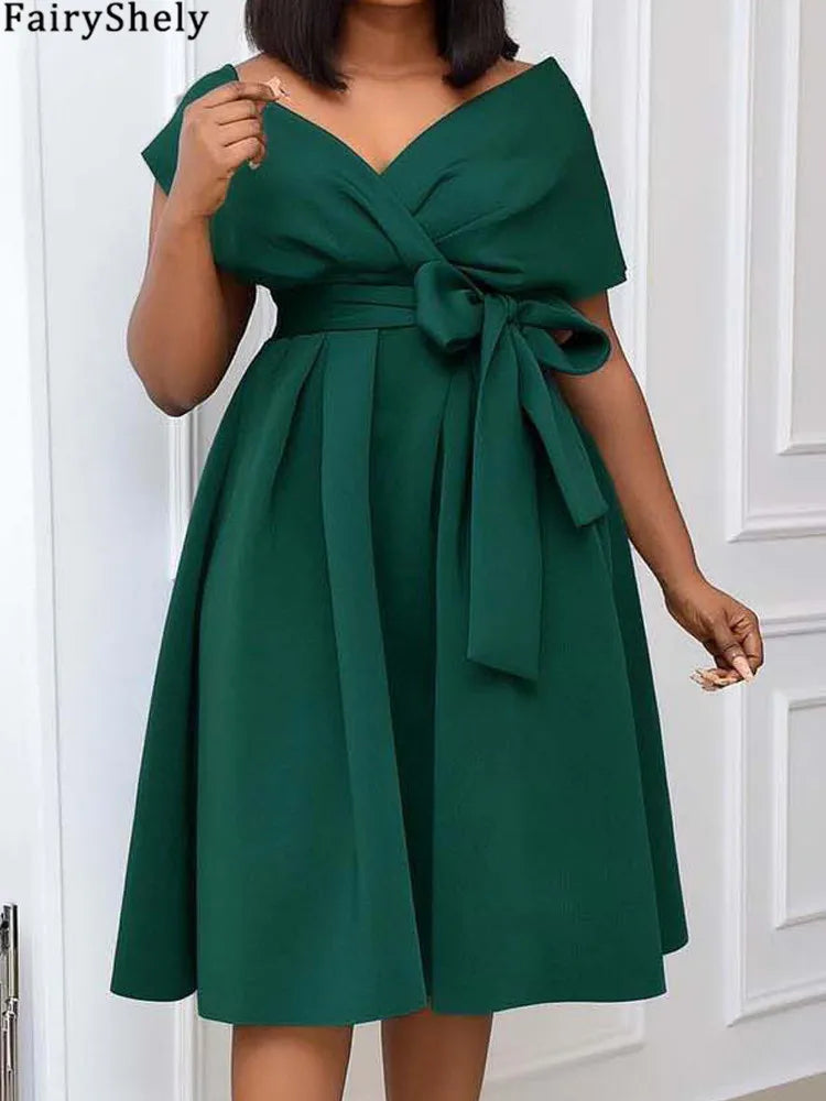 Women's Big Bow Puff Sleeve A-Line Midi Dress – V-Neck Summer Party Dress