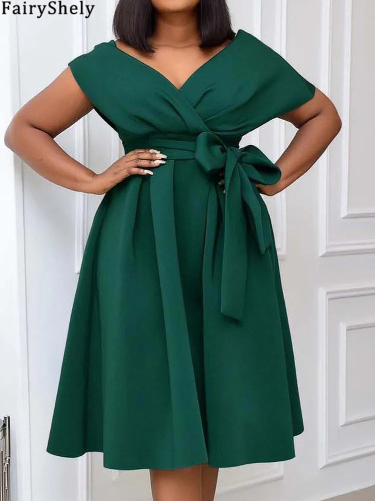 Women's Big Bow Puff Sleeve A-Line Midi Dress – V-Neck Summer Party Dress