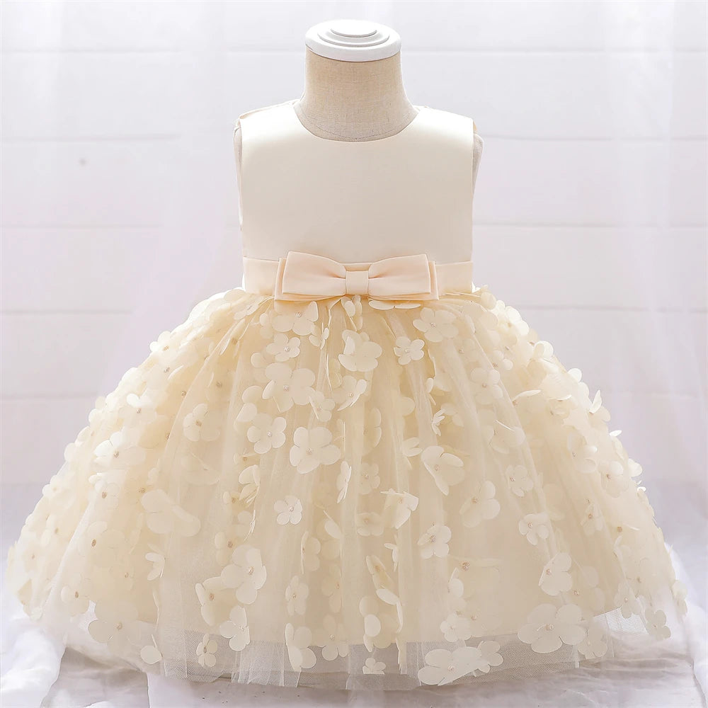 Baby Girls Flower Baptism Dress for Wedding White Bow 1st Birthday Party Princess Girl Dresses Tulle Bridemaids Evening Costumes
