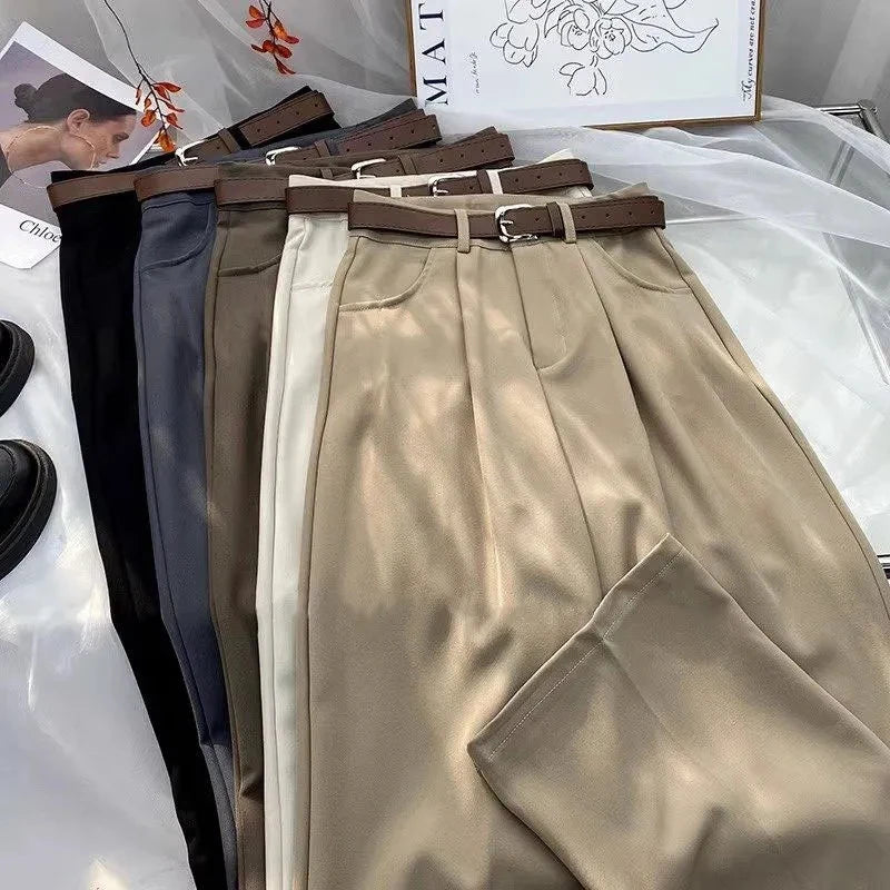 Women's High Waist Belt Wide-Leg Trousers – Solid Color Baggy Office Pants