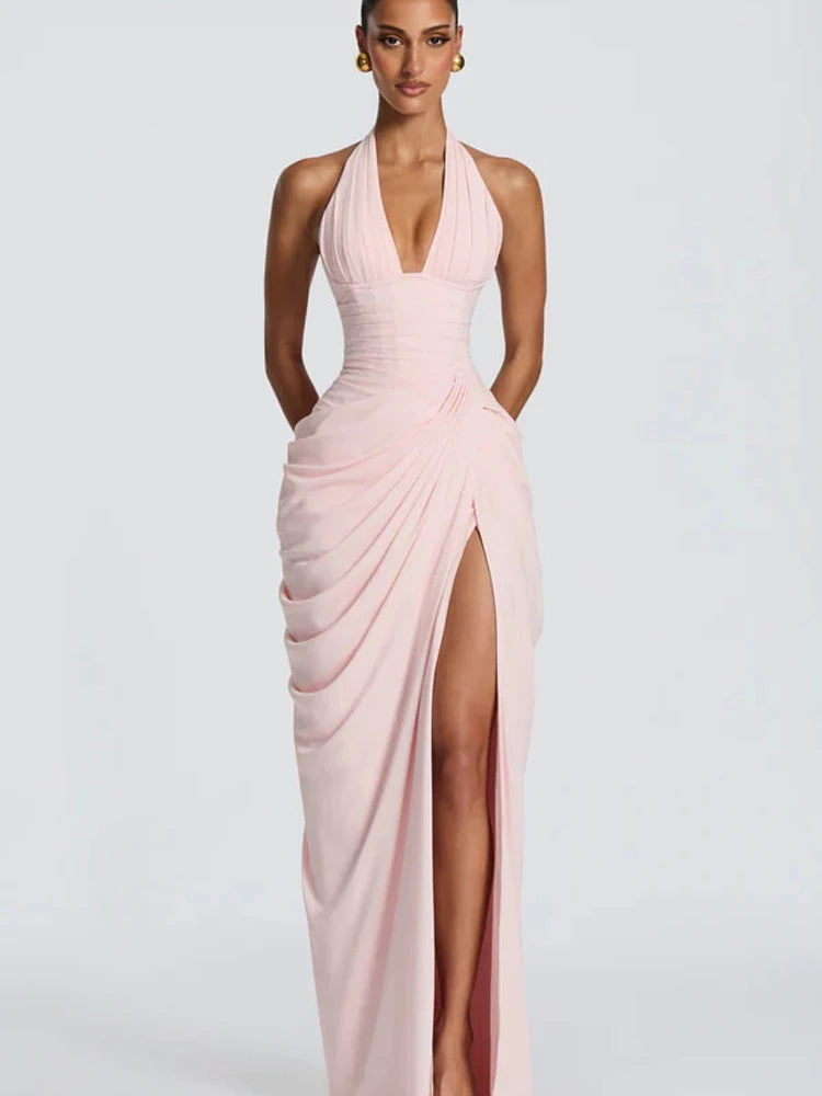 Women's Pleated Halter Backless Maxi Dress – Elegant Party Gown