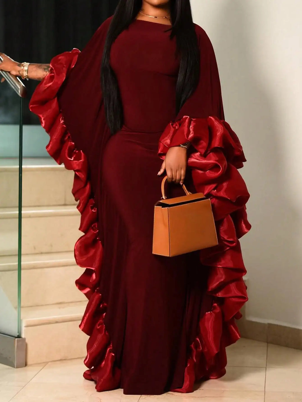 Burgundy Solid Asymmetrical Ruffle Sleeve Evening Gown with Pleated Detail