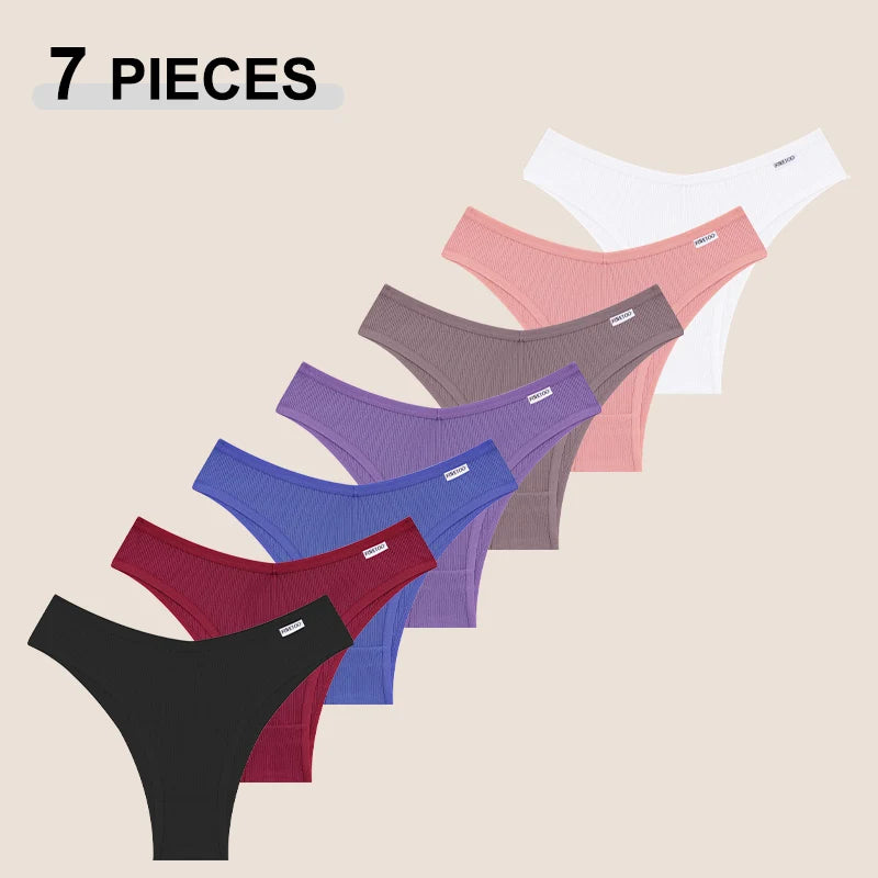 FINETOO 7PCS V-Waist Cotton Bikini Pants Seamless Low Rise T-Back Brazilian Underwear Comfortable Underpants Soft Girls Lingerie