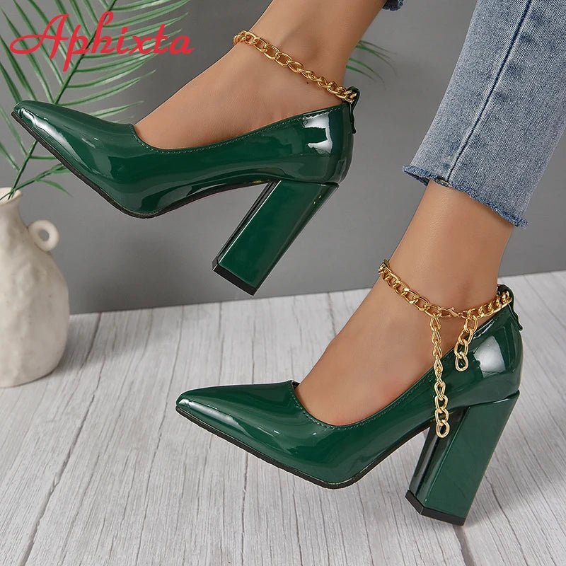 Aphixta Hot Sale Sexy Super High Heel 10cm Square Heels Pumps Women Gold Metal Chain Ankle Strap Shoes Pointed Toe Big Size50 53