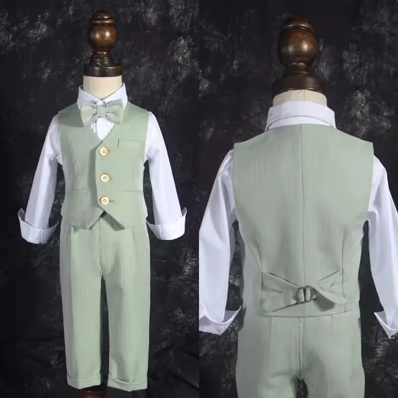 Boys' Formal Green Suit Set – Double-Breasted Blazer & Pants for Wedding & Birthday