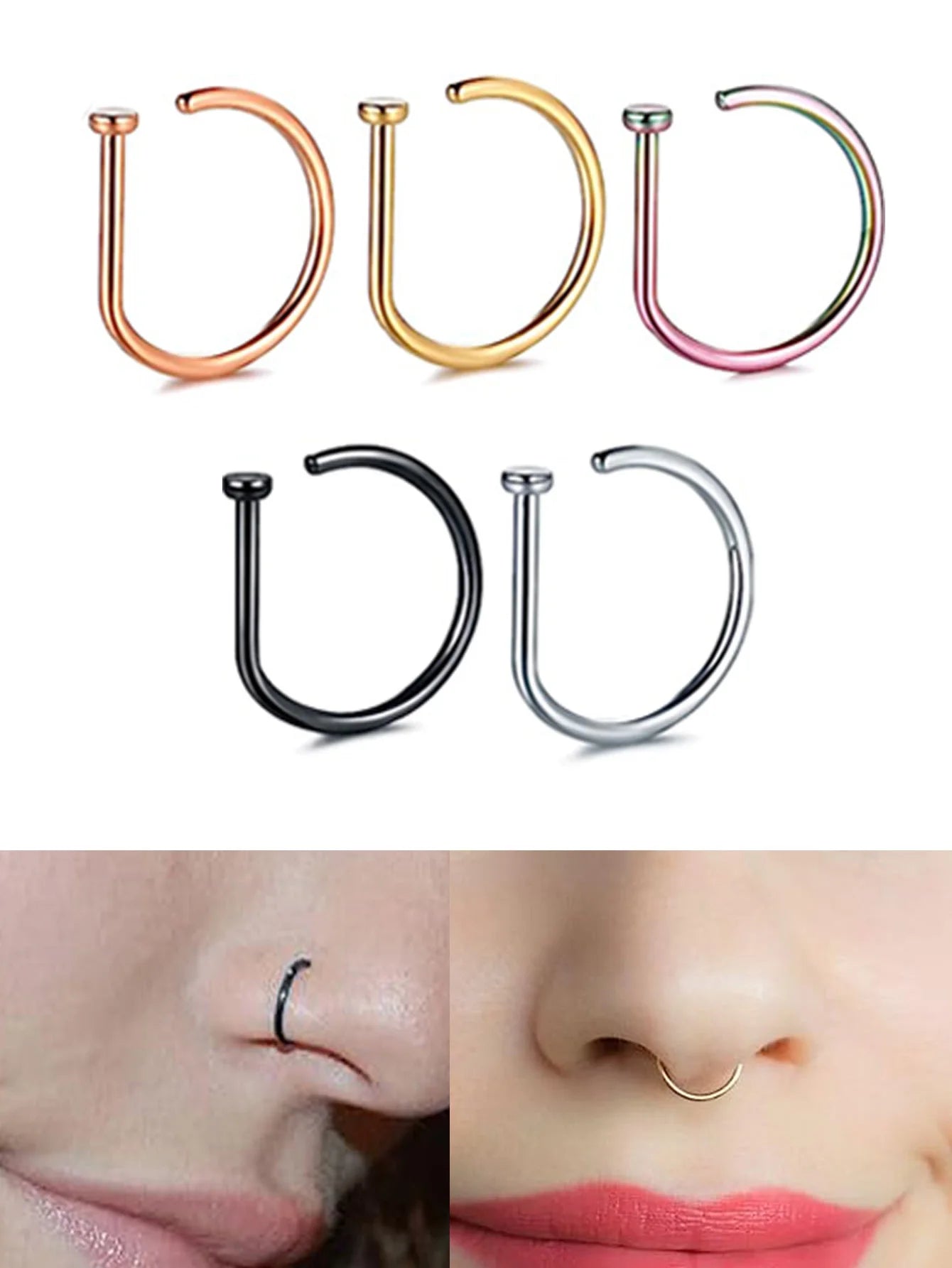 Fake Nose Ring | D-Shape Stainless Steel Faux Piercing for Nose & Ear