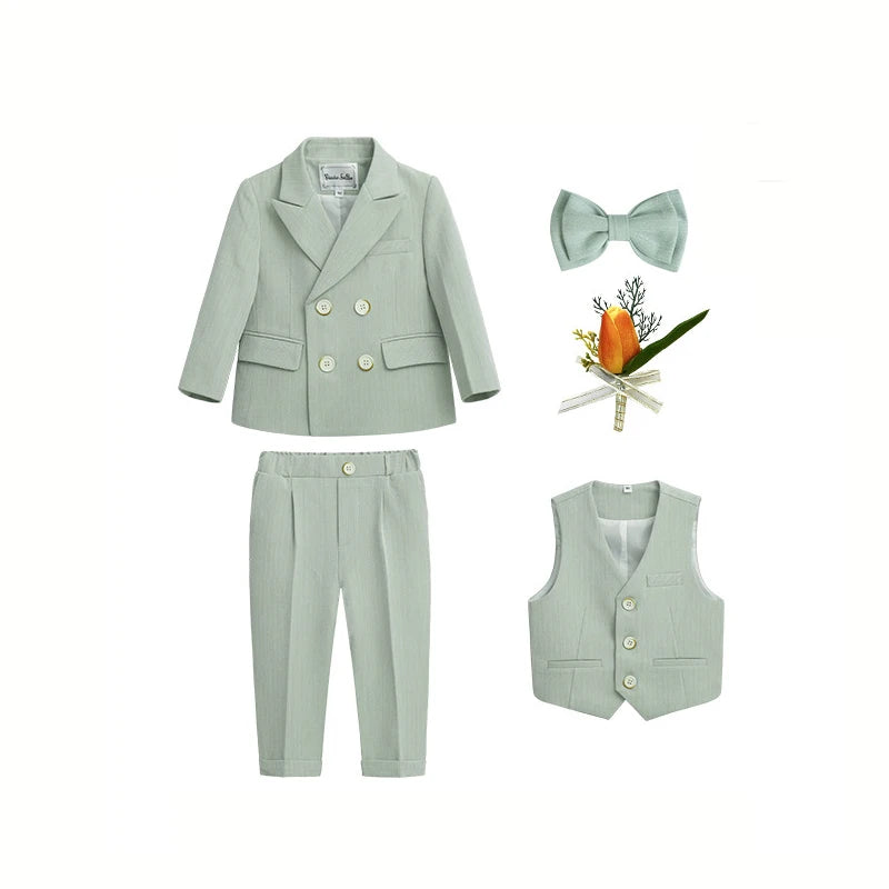 Boys' Formal Green Suit Set – Double-Breasted Blazer & Pants for Wedding & Birthday