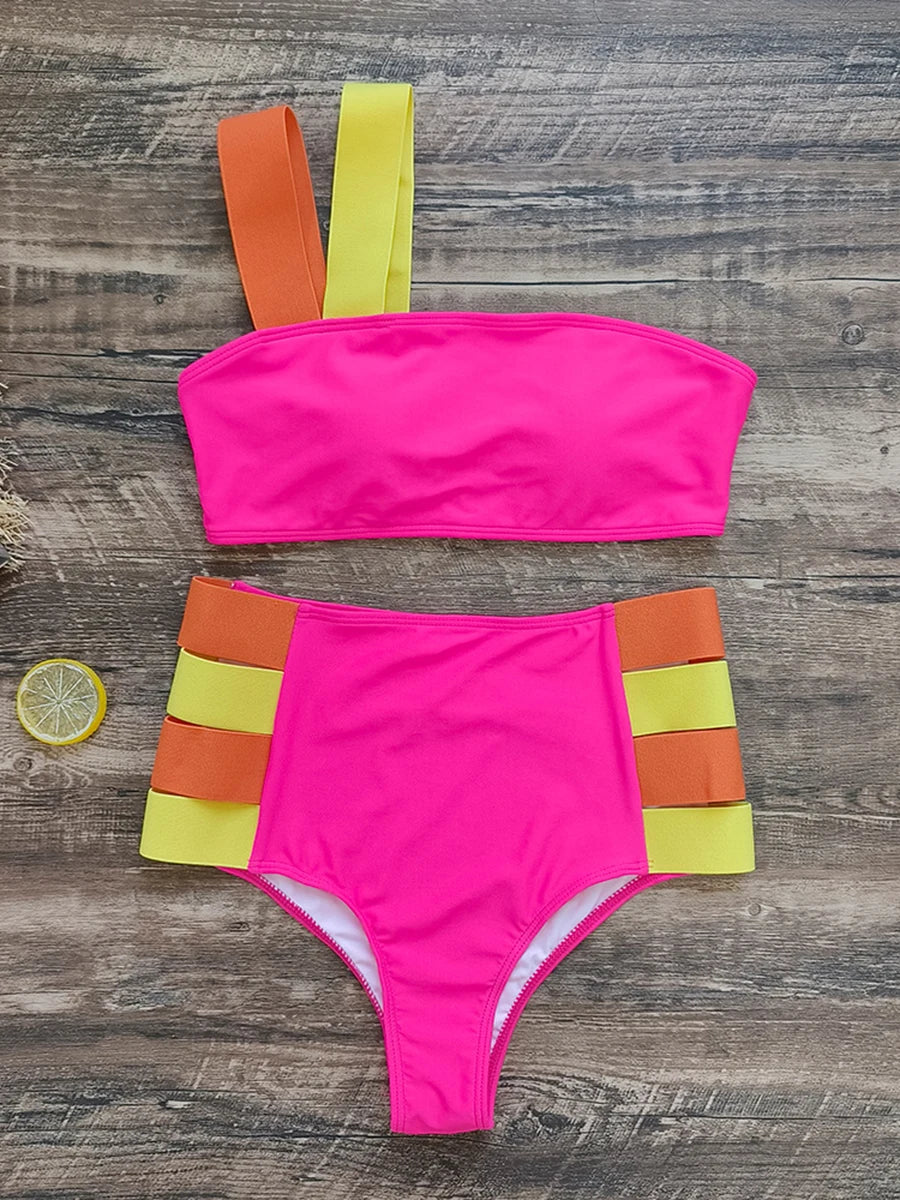 2025 New Push Up Single Shoulder Stripe Women Bikini Set High Cut Printed Bottom Padded Swimwear Summer Beachwear Bathing Suit