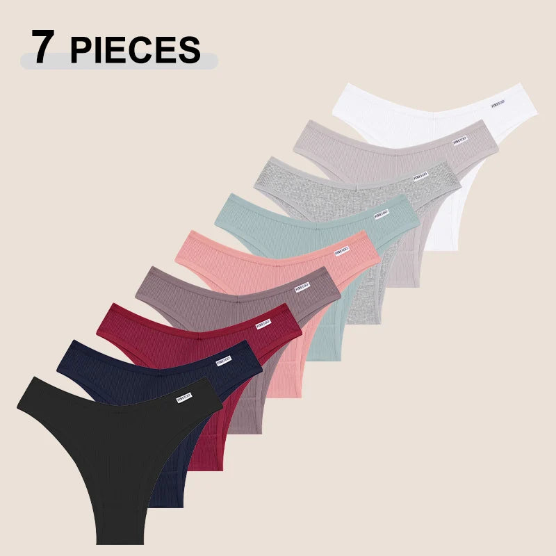 FINETOO 7PCS V-Waist Cotton Bikini Pants Seamless Low Rise T-Back Brazilian Underwear Comfortable Underpants Soft Girls Lingerie