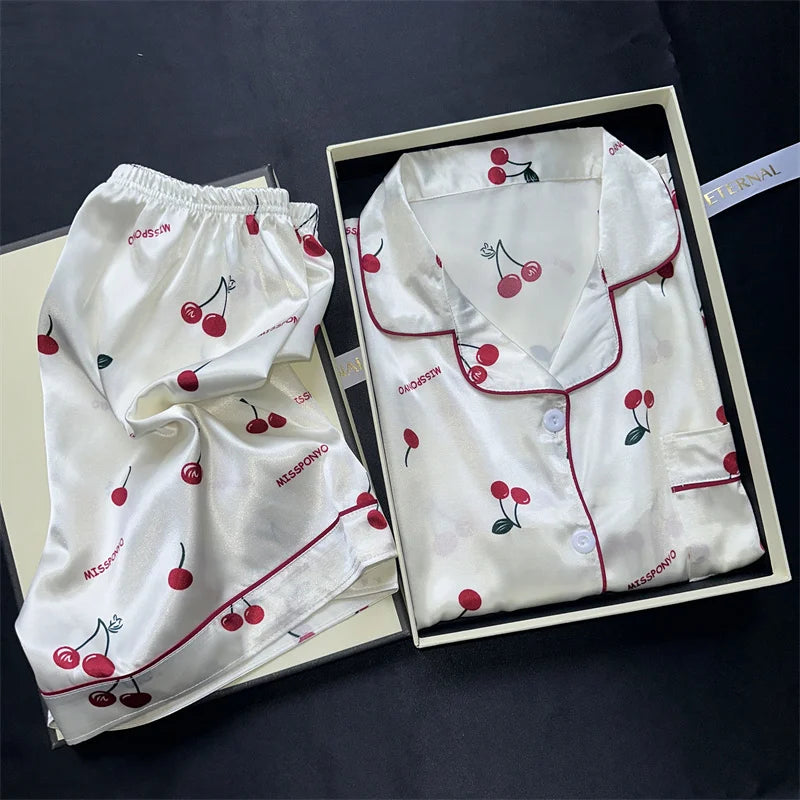 Cherry Print Satin Pajama Set for Women – Short Sleeve Top & Shorts