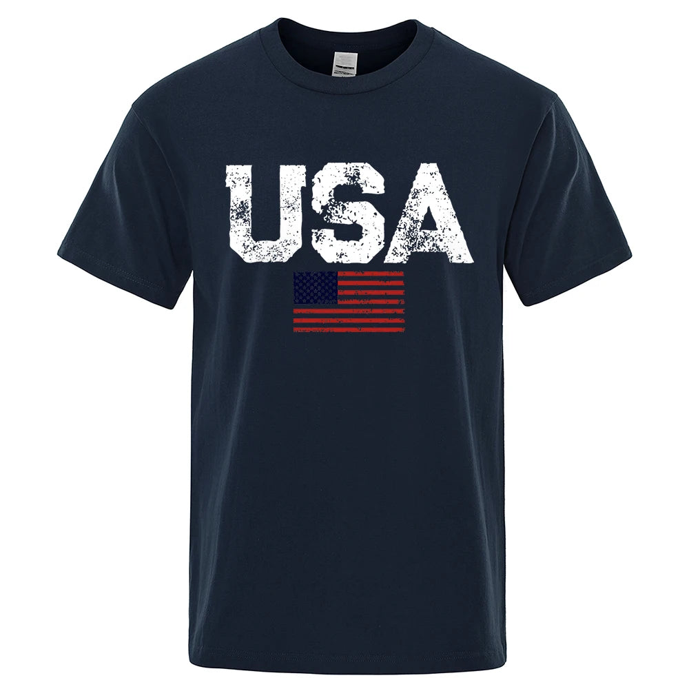 Men's Vintage USA Flag Street Print T-Shirt — Casual Cotton Tee