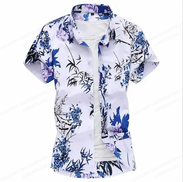 Summer Floral Hawaiian Shirts Men Fashion Short Sleeve Shirt Flower Blouse Turn Over Collar Casual Lapel Camisas Men's Clothing