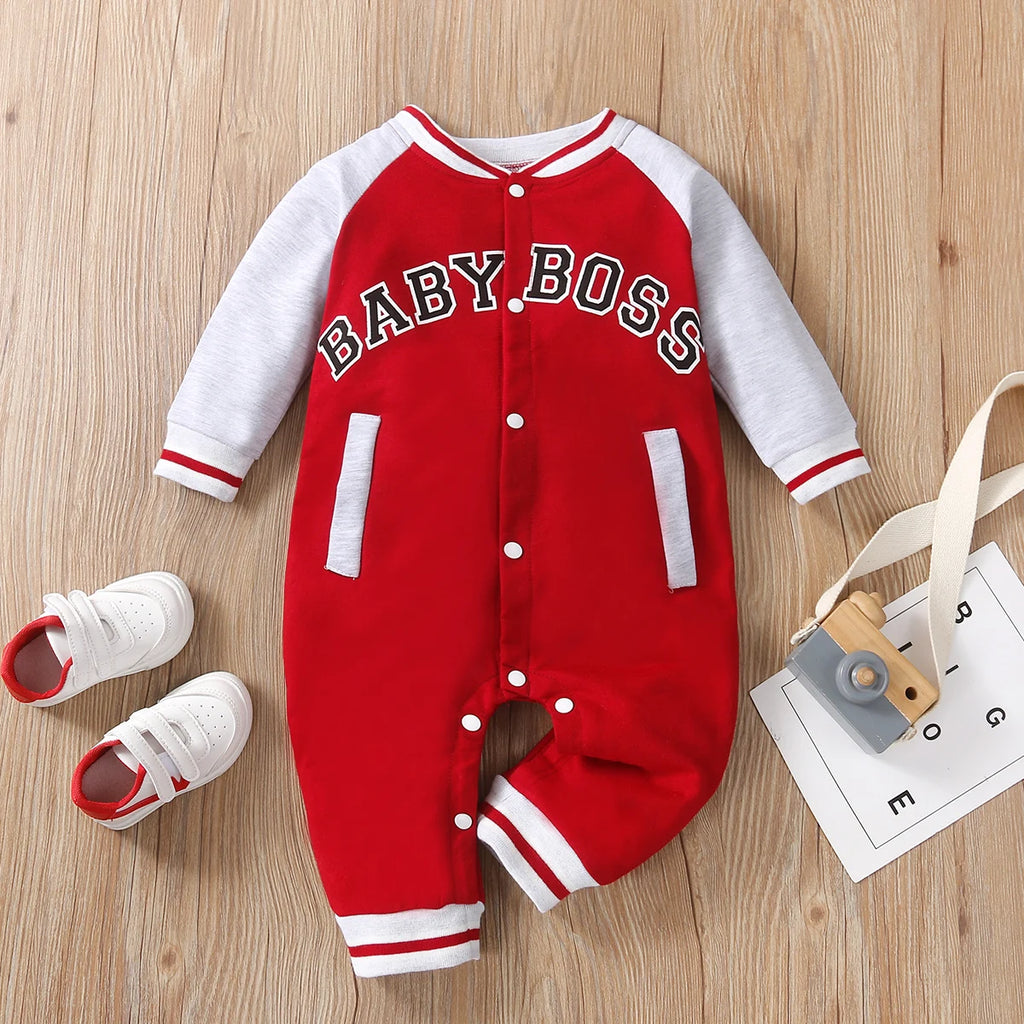 Baby Boy Long-Sleeve Romper — Letter Print Cotton Jumpsuit