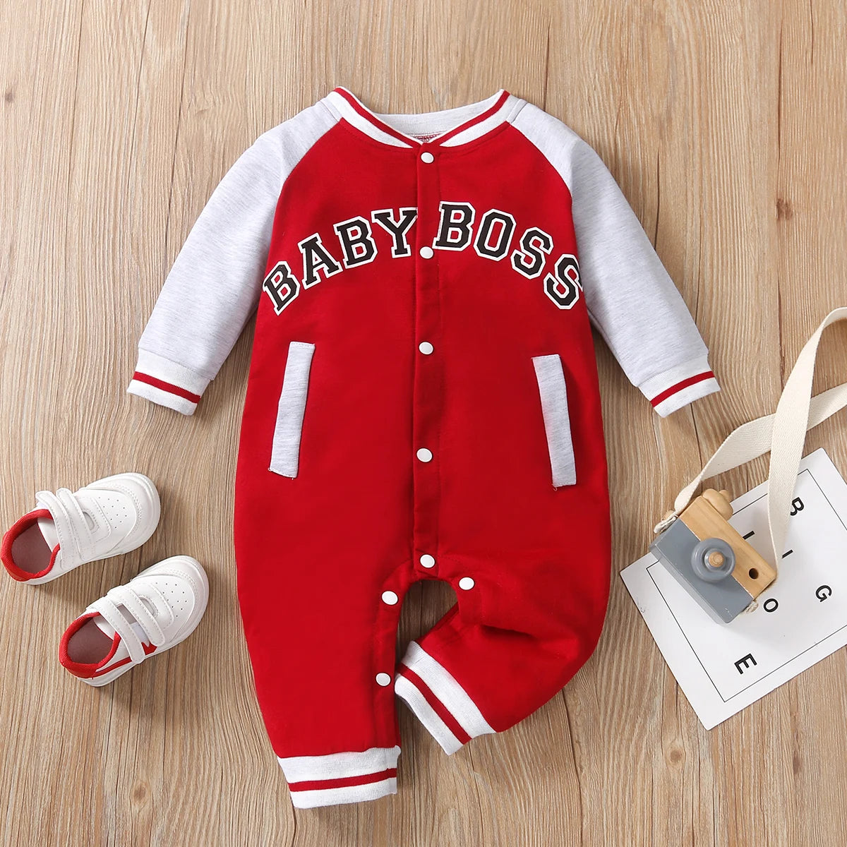 Baby Boy Long-Sleeve Romper — Letter Print Cotton Jumpsuit