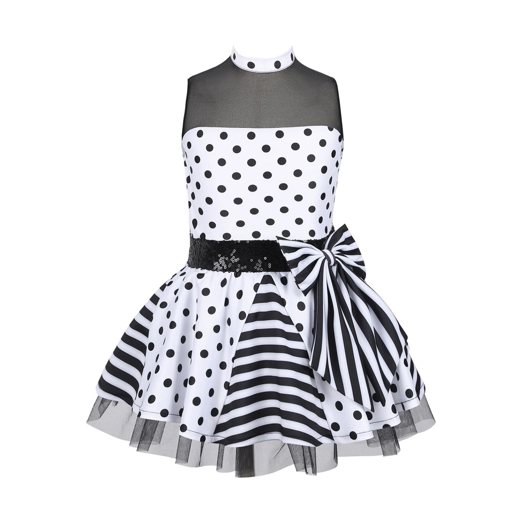 Girls Jazz Latin Ballet Dance Dress Polka Dots Print Mesh Sequin Bowknot Tutu Dress Birthdays Party Wedding Flower Girl Dresses