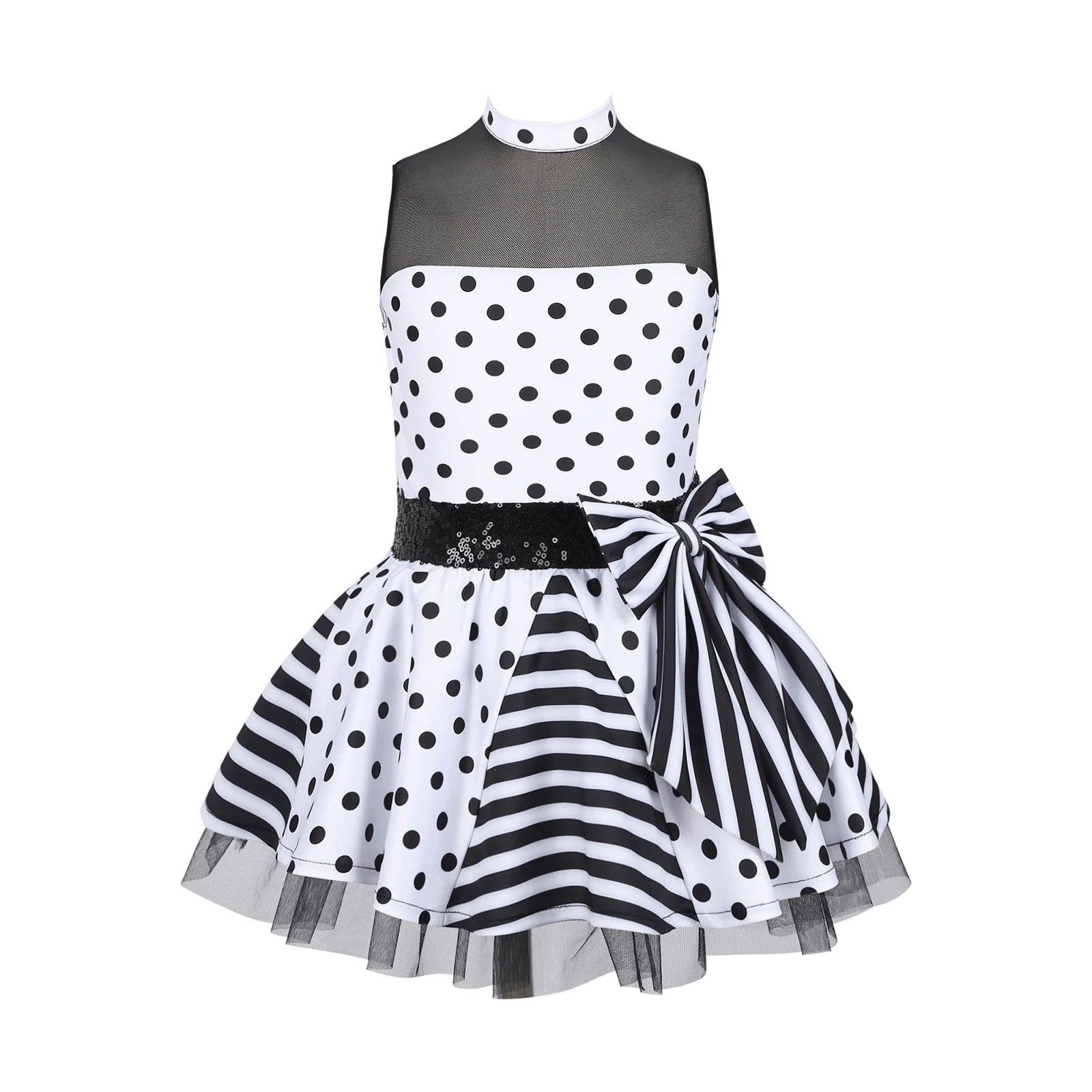 Girls Jazz Latin Ballet Dance Dress Polka Dots Print Mesh Sequin Bowknot Tutu Dress Birthdays Party Wedding Flower Girl Dresses