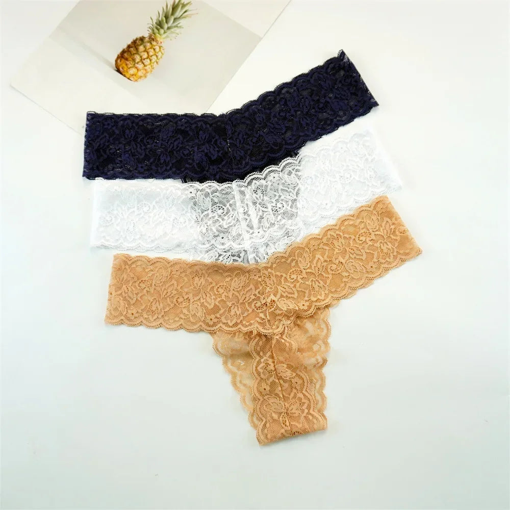 Women's Lace Thong Panties – 3-Pack Low-Rise Transparent Sexy Lingerie Set