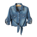 Women's Cropped Lace-Up Denim Jacket – Single-Breasted Tie Knot Jean Cardigan Coat