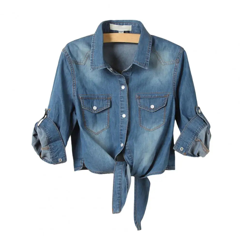 Women's Cropped Lace-Up Denim Jacket – Single-Breasted Tie Knot Jean Cardigan Coat