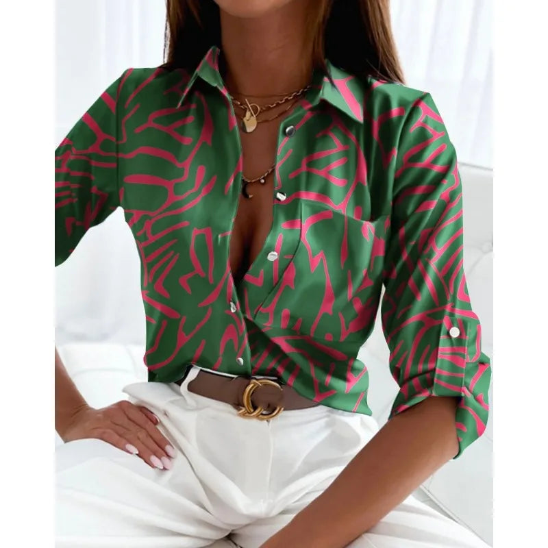 Women's Printed Button-Down Shirt – Elegant Office Casual Blouse