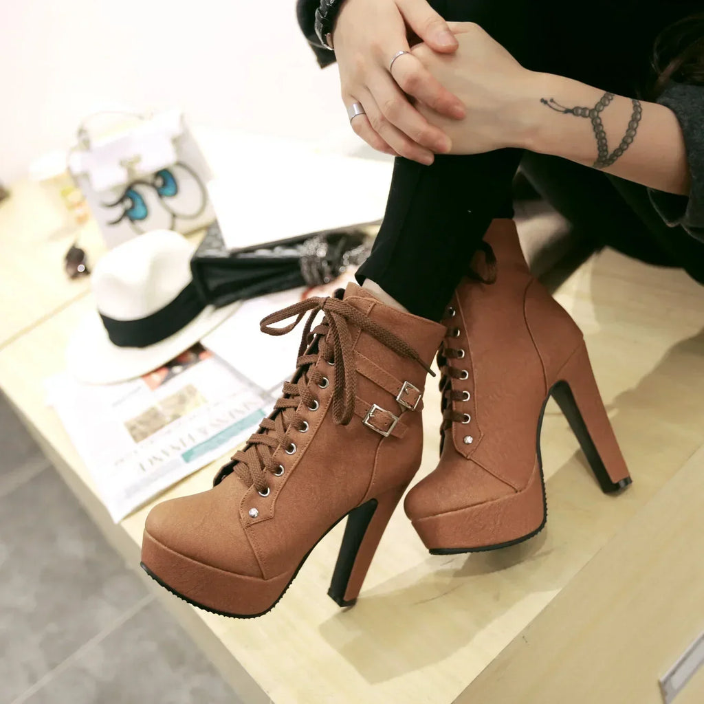 Women's High Heel Platform Ankle Boots – Lace-Up Stiletto Dress Boots