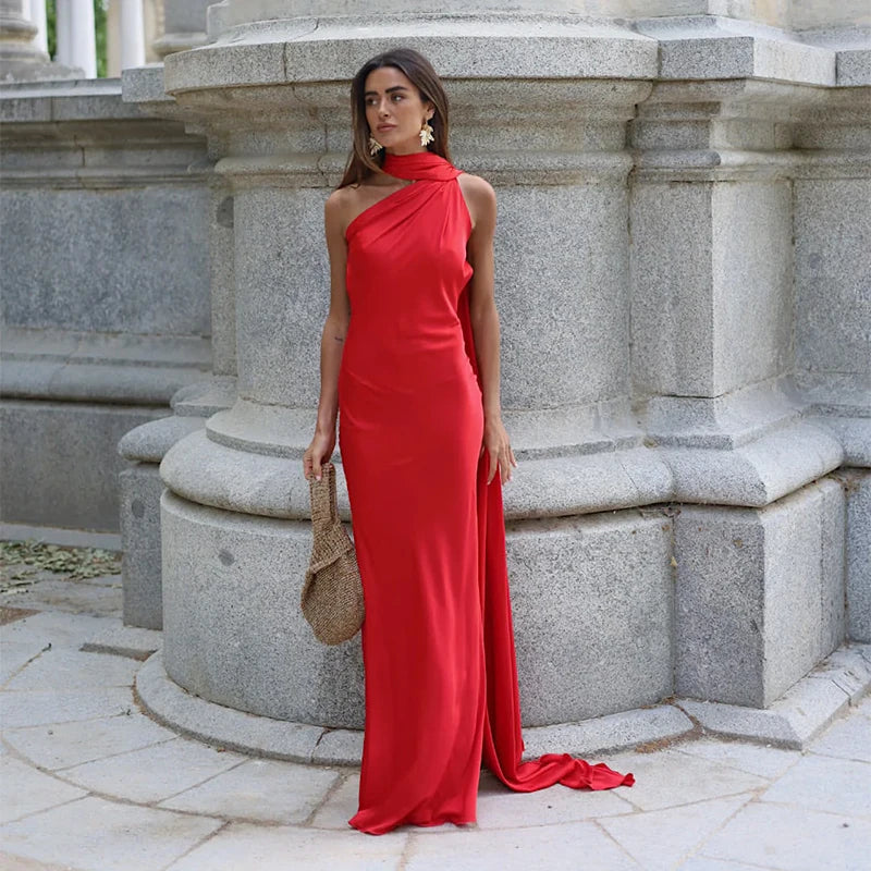 Women's Satin Halter Maxi Dress — Backless Slim Evening Gown