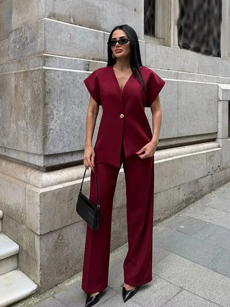 Women's V-Neck Buckle Vest & High Waist Wide-Leg Pants – Chic 2-Piece Office Set