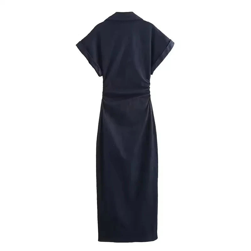 Women's Denim Midi Dress – Casual Ruched Short Sleeve A-Line Streetwear