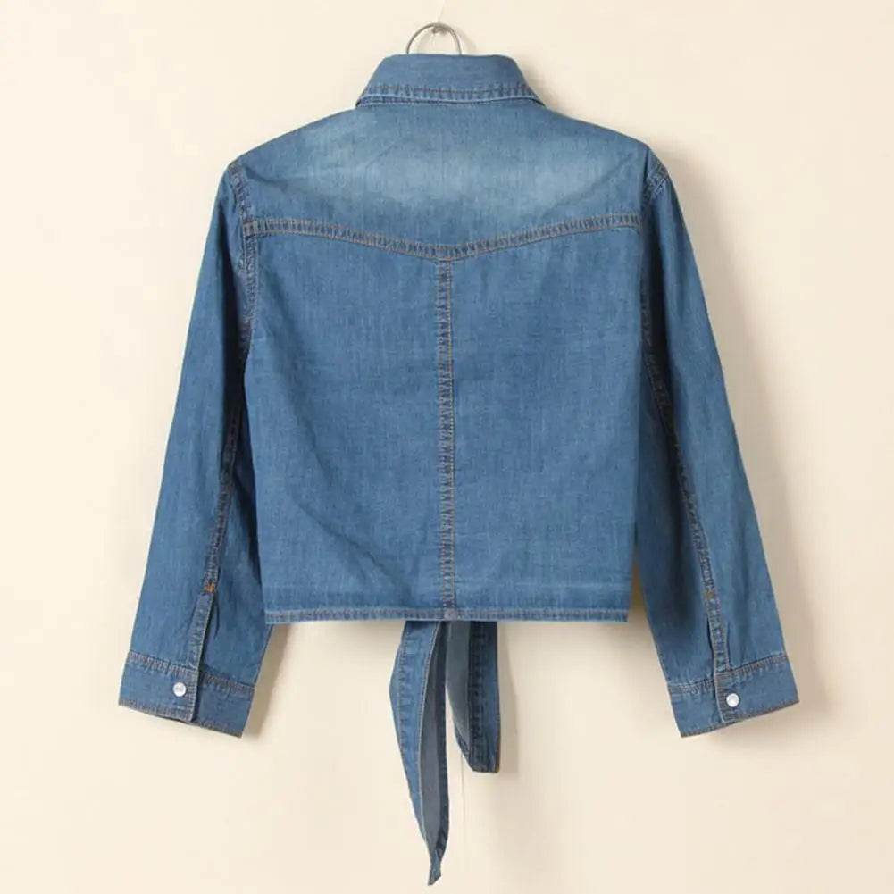 Women's Cropped Lace-Up Denim Jacket – Single-Breasted Tie Knot Jean Cardigan Coat