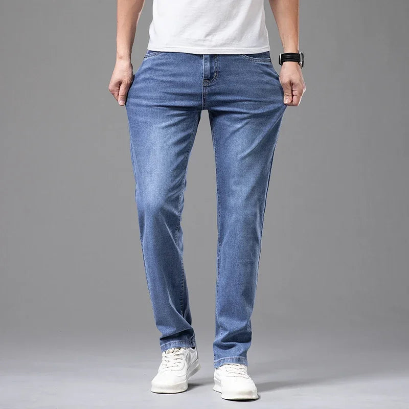 Men's Straight Fit Elastic Cotton Jeans – Lightweight Summer Denim