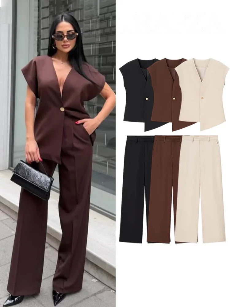 Women's V-Neck Buckle Vest & High Waist Wide-Leg Pants – Chic 2-Piece Office Set