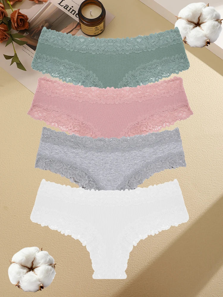 4PCS Seamless Cotton Fabric Panties For Women Sexy Lace Solid Color Brazilian Pants Female Soft Comfortable Bikini Underpants