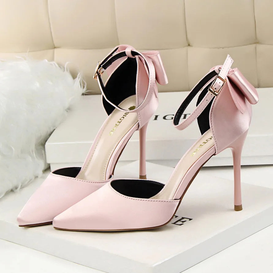 Women's High Heel Bow Sandals – Satin Ankle Strap Stiletto Heels 8cm & 10cm