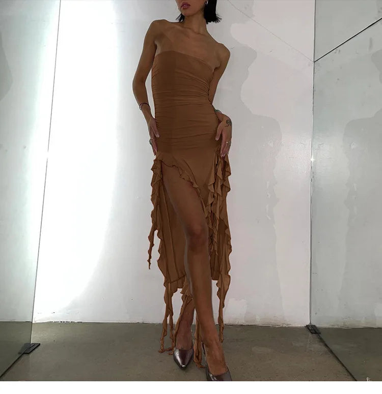 Women's Ruffle Off Shoulder Backless Ruched Midi Dress – Asymmetric Sexy Summer Dress