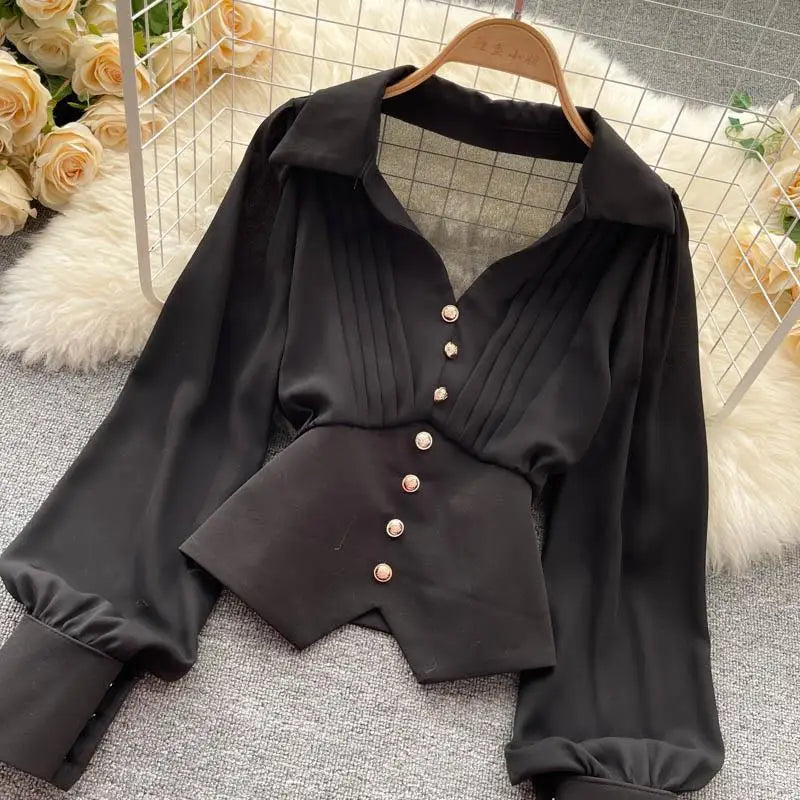 Women's Puff Sleeve Polo Blouse – Casual Button-Up Short Top
