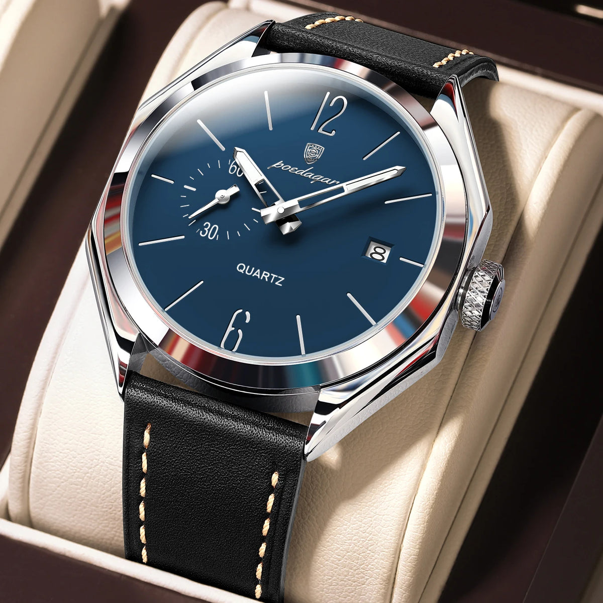 POEDAGAR Men's Leather Quartz Watch