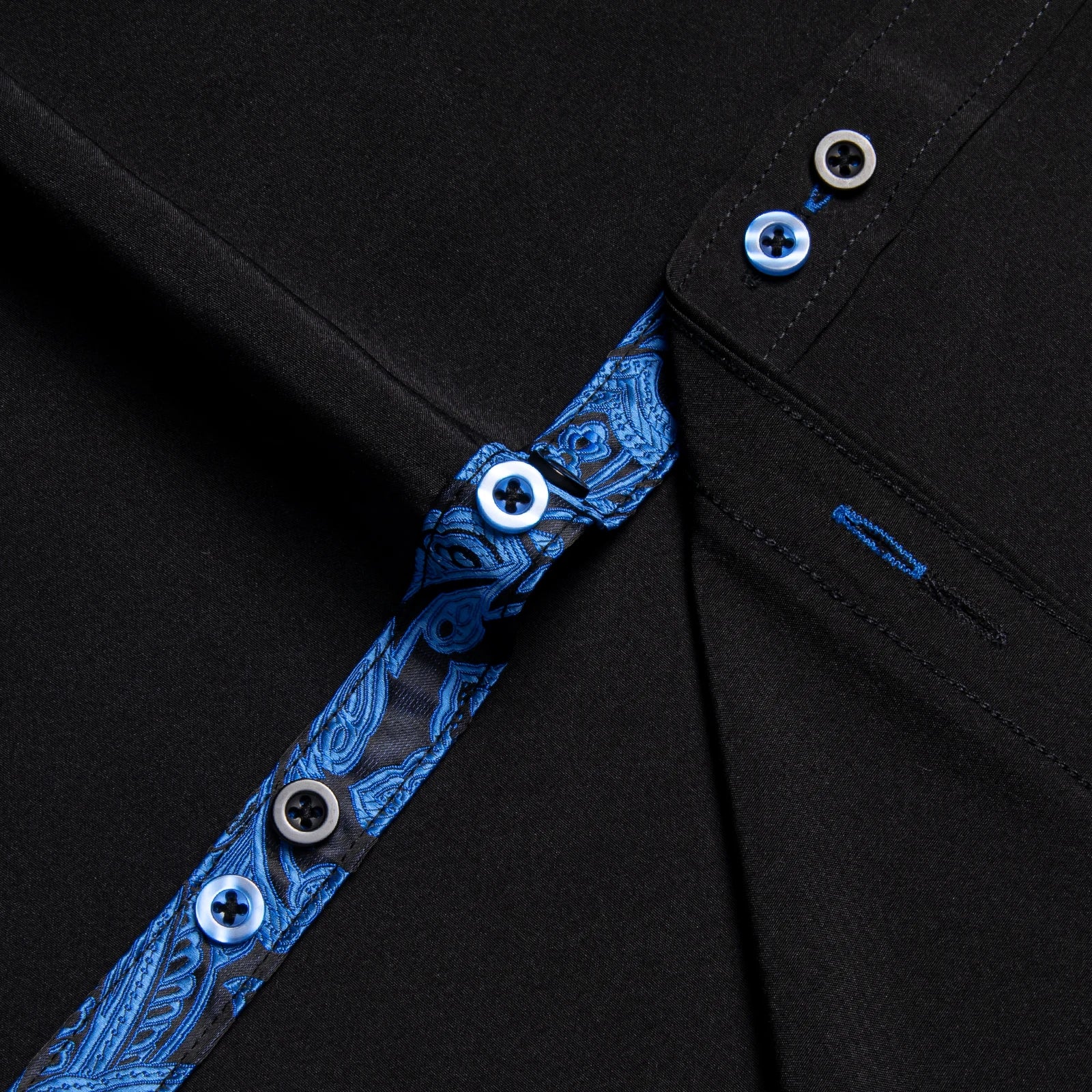 Men's Polyester Cotton Solid Black Shirts Long Sleeve Blue Paisley Patchwork Social Casual Dress Shirt Elegant Men Clothing