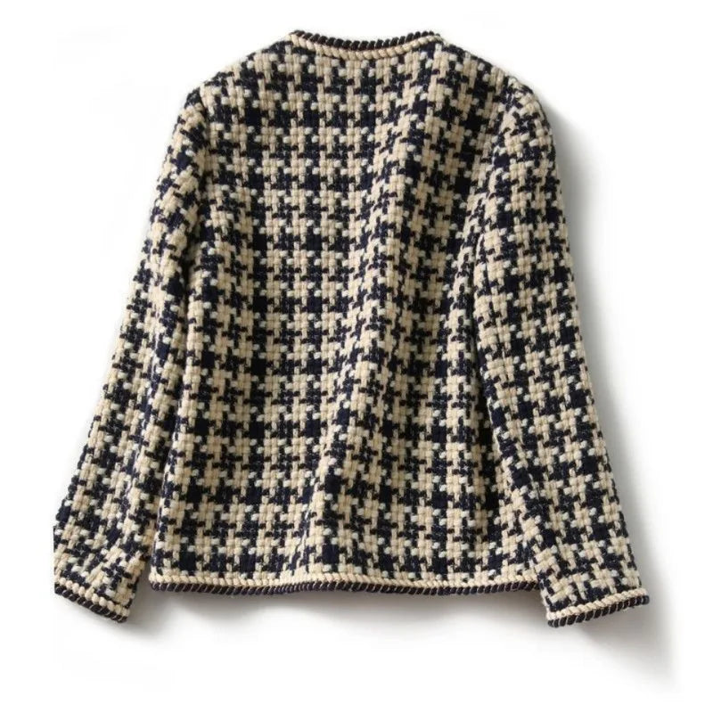 Women's Plaid Tweed Blazer – Elegant Office Jacket with Pockets