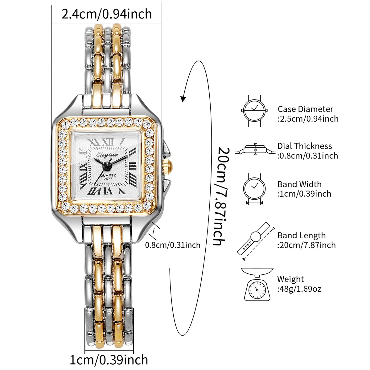 Women's Rhinestone Square Dial Watch | Roman Numeral Quartz Wristwatch