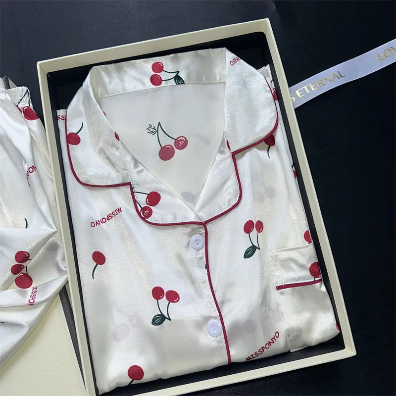 Cherry Print Satin Pajama Set for Women – Short Sleeve Top & Shorts