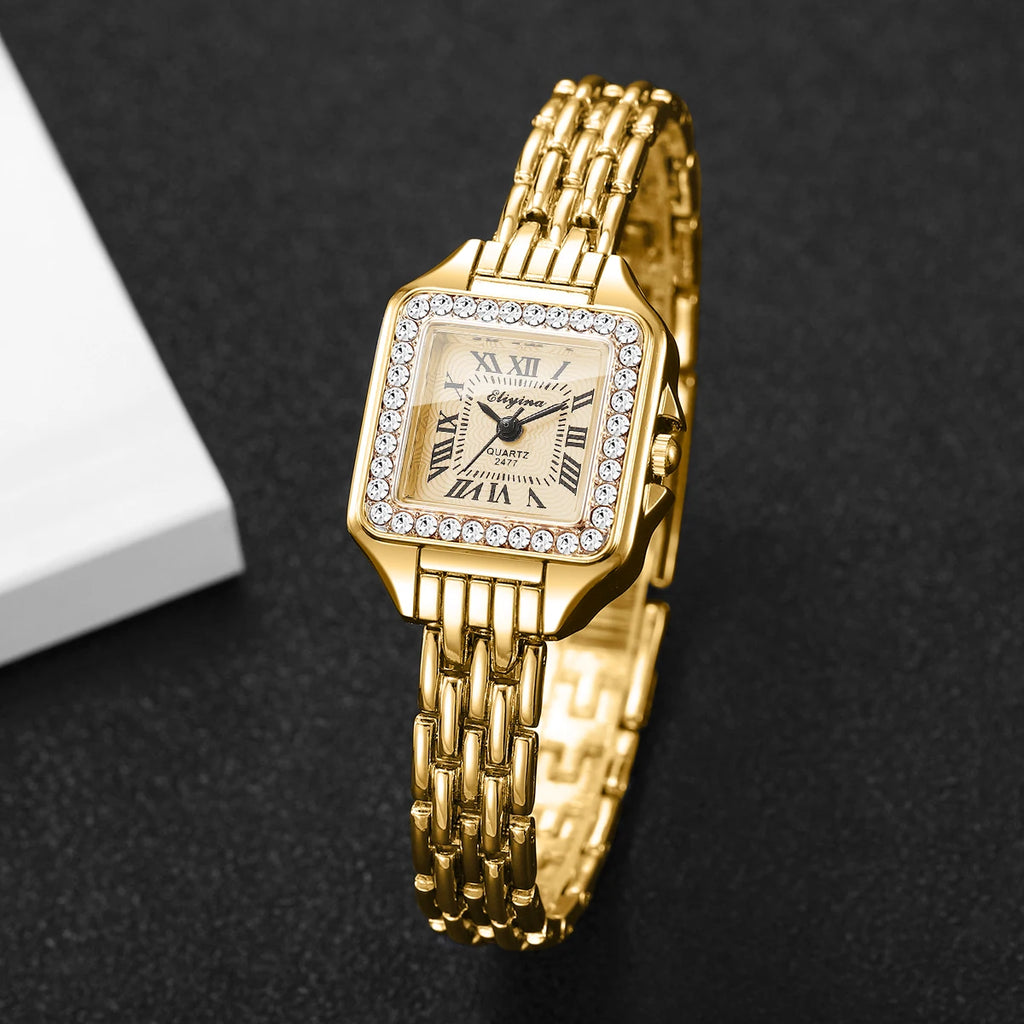 Women's Rhinestone Square Dial Watch | Roman Numeral Quartz Wristwatch