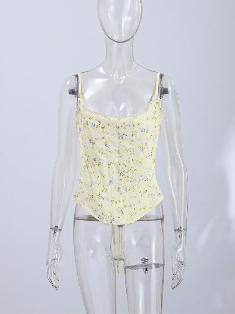 Women's Floral Fishbone Tank Top | Slim Sleeveless Back Lace-Up Blouse