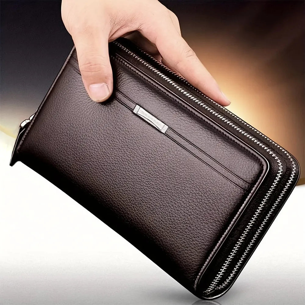 Men's Long Leather Wallet & Clutch — Large Business Zip-Around Purse with Phone & Card Holder | Brown & Black