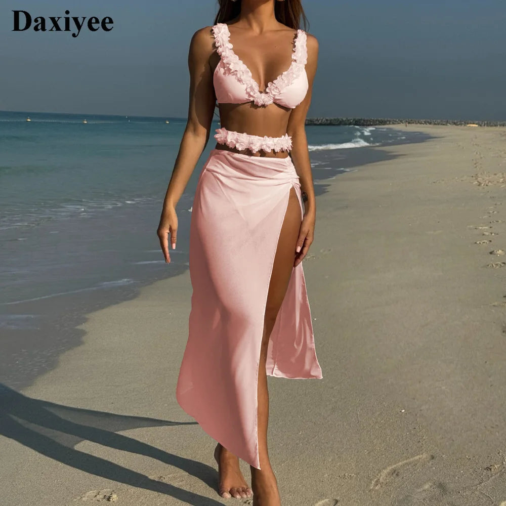 Floral Edge 3pcs Bikini Set with Mesh Skirt 3D Flowers V Neck Women Swimwear Female Swimsuit Padded Bather Bathing Suit Biquini