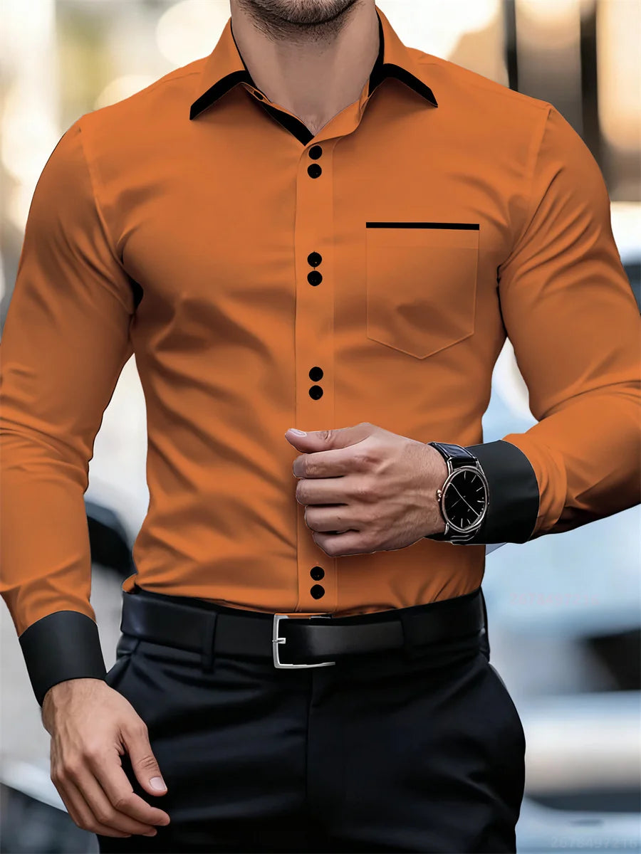 Men's Business Color Block Collar Long Sleeve Shirt, Slim Fit, Wrinkle-Free, Black and White Patchwork Shirt, Men's Fashion Top