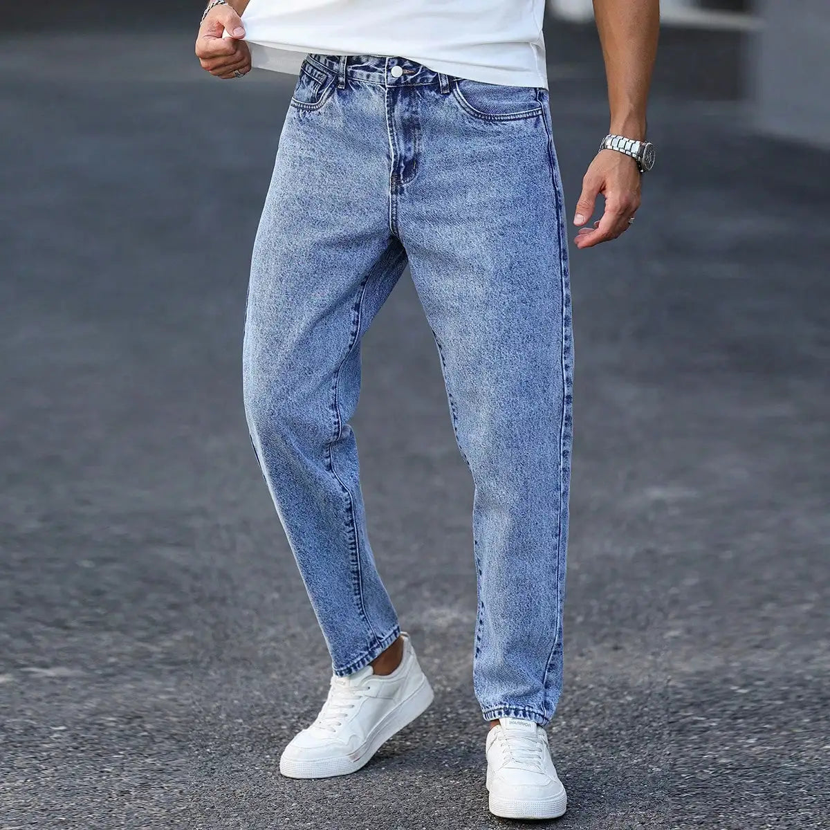 Men's Slim Fit Washed Blue Denim Jeans – Ankle Length