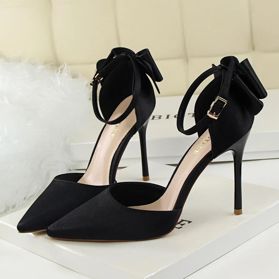 Women's High Heel Bow Sandals – Satin Ankle Strap Stiletto Heels 8cm & 10cm