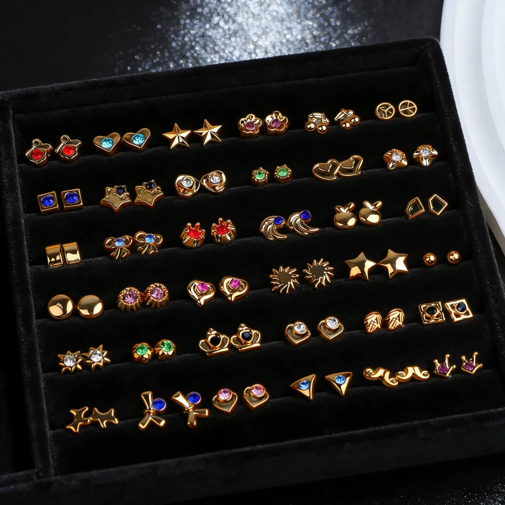 36-Pair Rhinestone Stud Earrings Set | Mixed Geometric Styles for Women